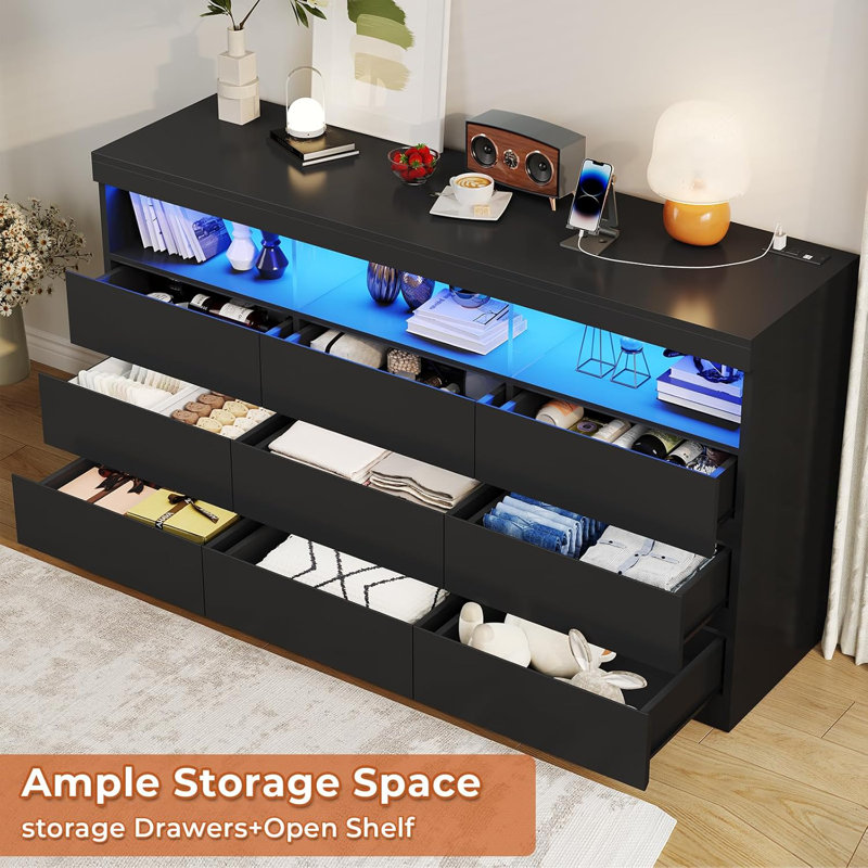 9 Drawer LED Dresser with Charging Station for Bedroom