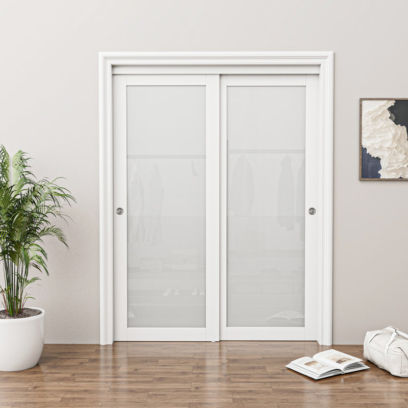 Porte coulissante 80 "trempée givrée 1 blanc clair avec quincaillerie et poignées 80", 48“×80", Un verre
