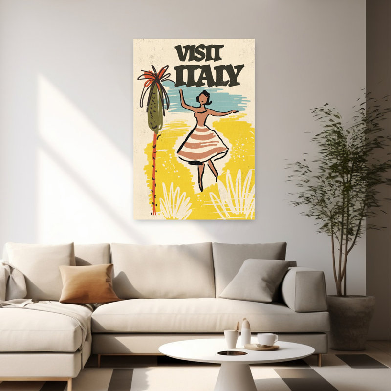 «Joyful Italian Summer», rétro, vibrant, palmier côtier, art mural, 60" H x 40" W