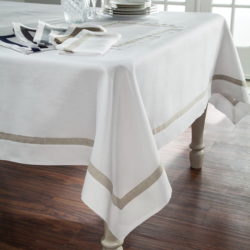 Fino Linen Tablecloth, White/Navy, 90" L x 72" W