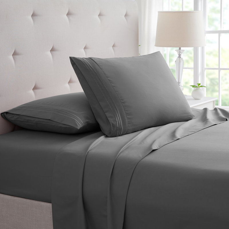 Gray Twin Bamboo Microfiber Embroidered Bed Sheet Set
