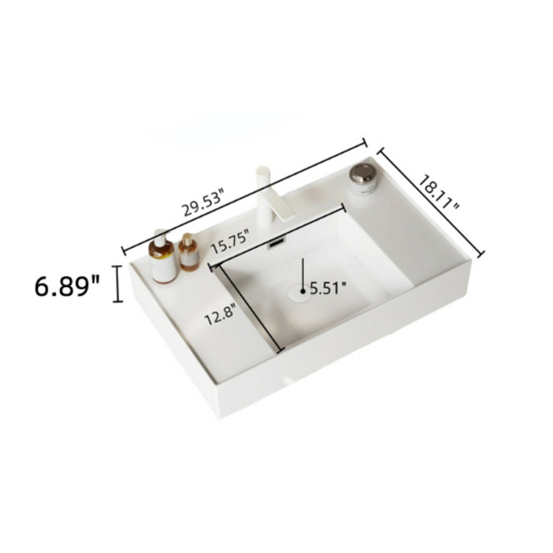 LEDE 30" Bathroom Vanity With Vessel Sink, Wall-Mounted Floating White Rectangular Acrylic Integrated Basin Without Faucet, Striped Shelves Layer, Natural Woodgrain Color
