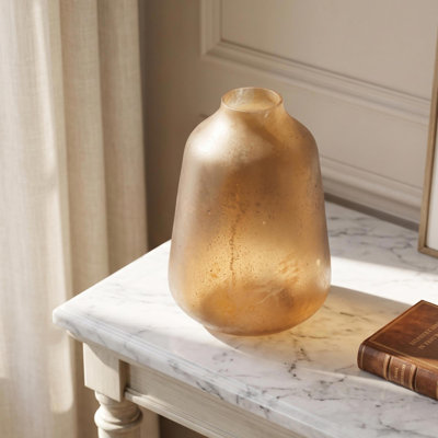 Vase en verre givré fabriqué à la main de couleur ambre, centre de table en verre épais de 9 pouces de hauteur avec texture matte organique pour la table basse et le style de chevet