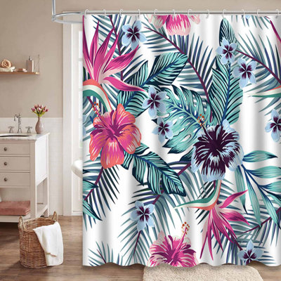 Waterproof Tropical Bird Palm Jungle Paradise Hibiscus Shower Curtain with 12 Hooks