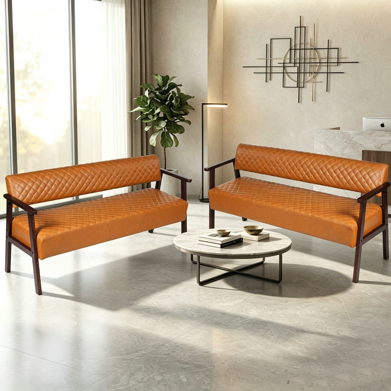 Lot de 2 banquettes d'attente 2 places, canapé de salle d'attente en similicuir matelassé avec accoudoirs et structure en bois, banquette commerciale pour salon de coiffure, bureau ou domicile