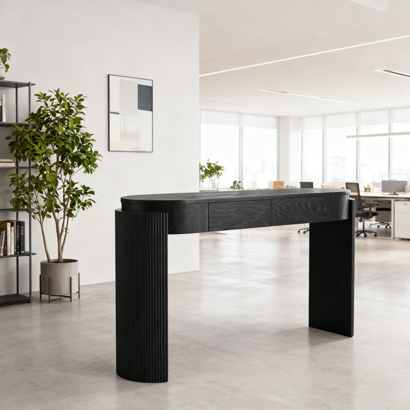 Table d'entrée avec finition grain de bois naturel, console avec conception cannelée, plateau ovale et 2 tiroirs pour l'entrée et le salon (noir)