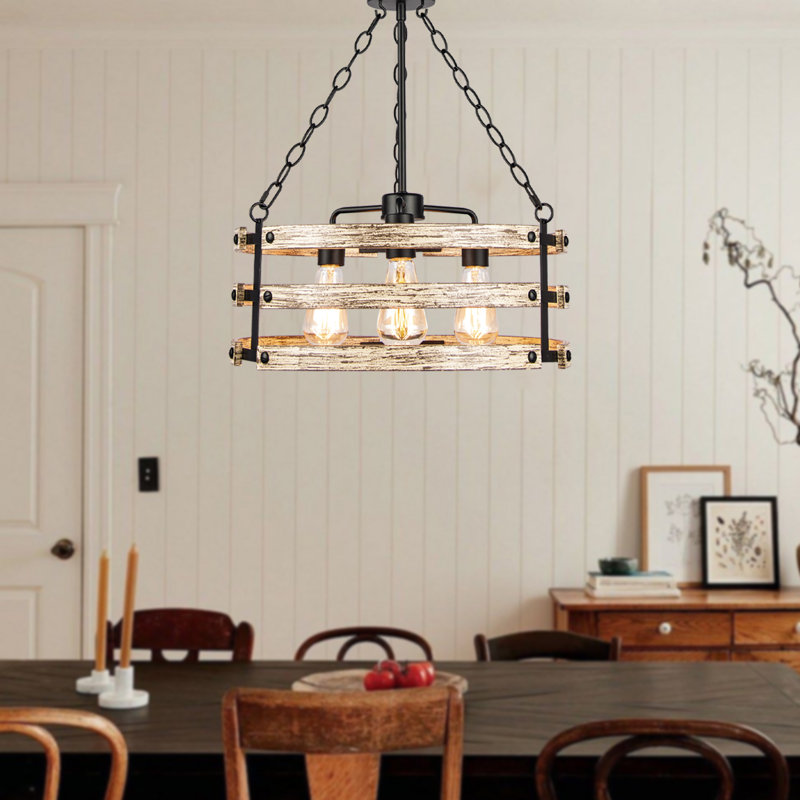 3 - Light Drum Solid Wood Caged Chandelier with Metal Accents
