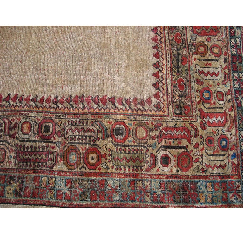 Delicate Ivory Color Teal Blue Border Century Turkish Oushak Ghiordes Prayer Rug