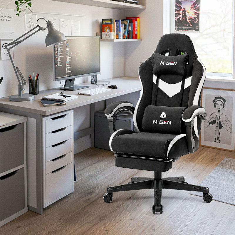 High-Back Adjustable Reclining Ergonomic Fabric PC & Racing Game Chair with footrest, Black