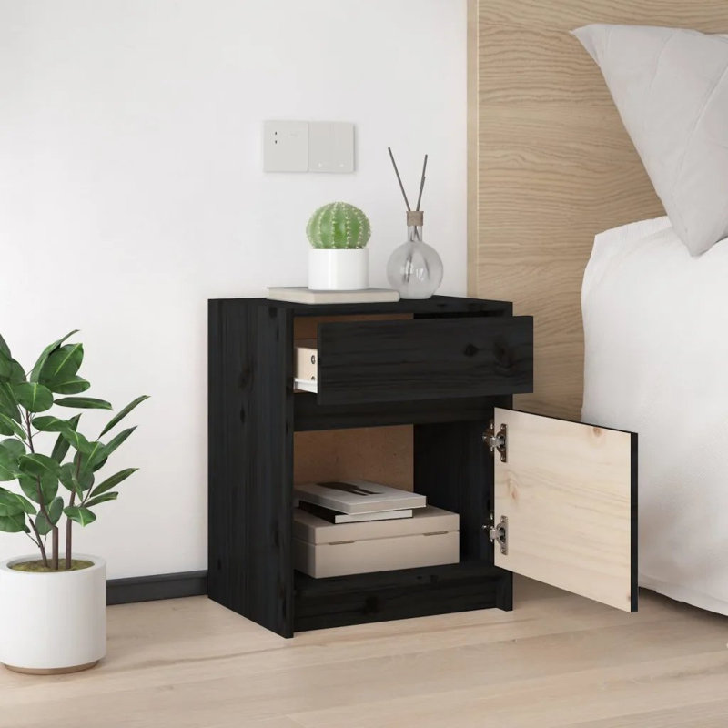 Godrich 40cm W Solid Wood Bedside Table, Set of 2, Black