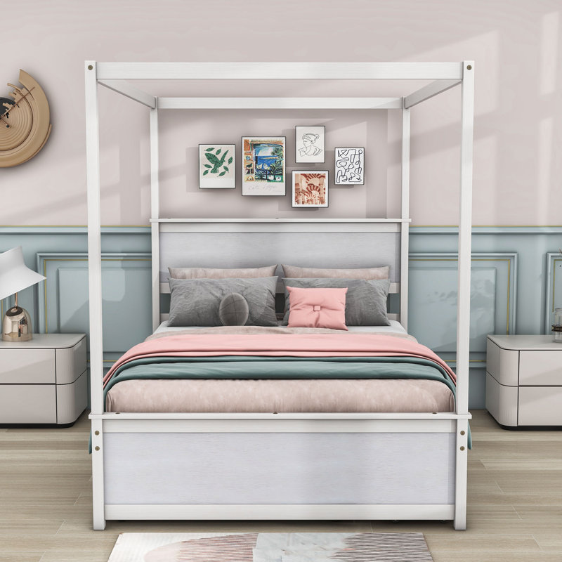 Sahdia Full Size Wood Canopy Bed with Two Drawers and Trundle, Brushed White