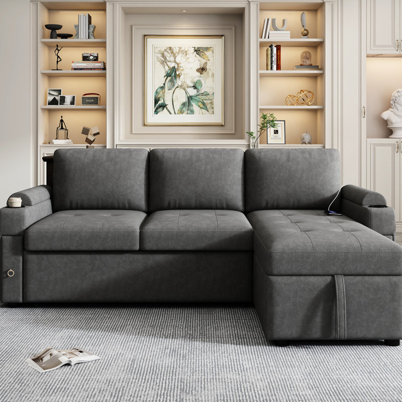 Canapé-lit modulaire convertible avec rangement caché, porte-gobelets, hublots, chenille douce, méridienne réversible 83,5 po