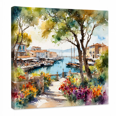 Mediterranean Harbor with Flowers Coastal Village Wrapped Canvas Wall Art
