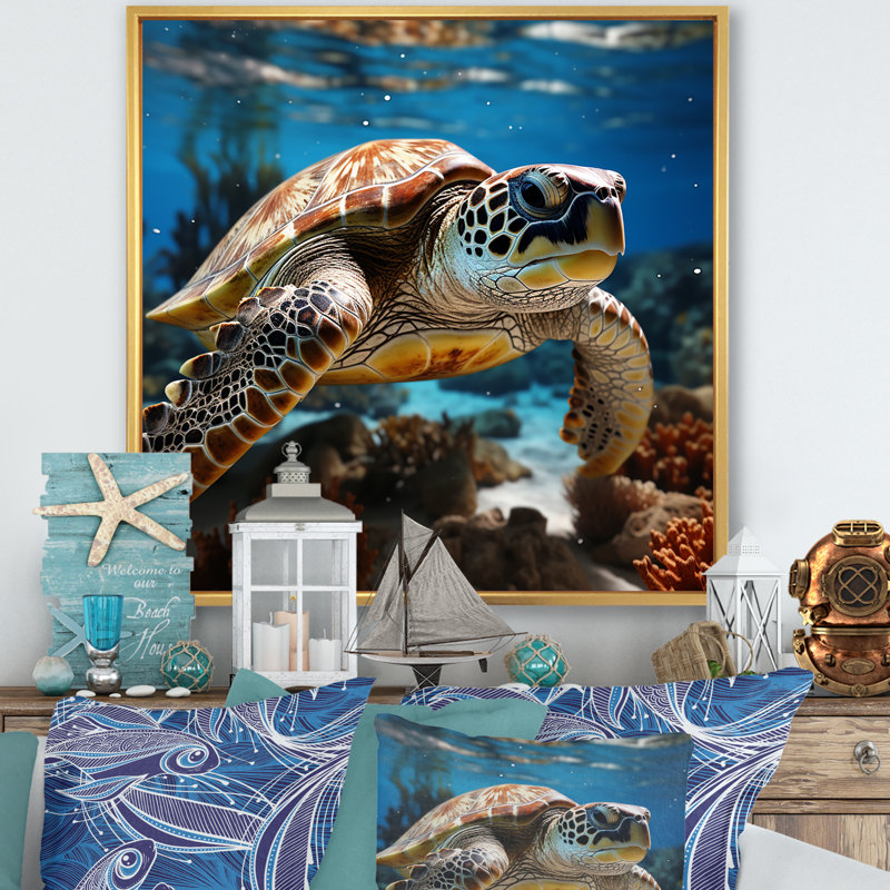 «Curious Underwater Sea Turtle I», reproduction sur toile, Cadre flottant doré, H 16 po x l 16 po