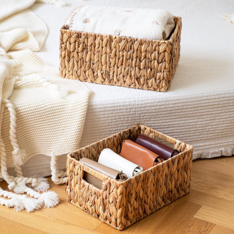 Wicker Baskets 2 Pack Handmade Big Wicker Storage Basket With Handles, Natural Water Hyacinth Wicker Baskets For Storage Shelves Organizing, Rectangle Wicker Basket