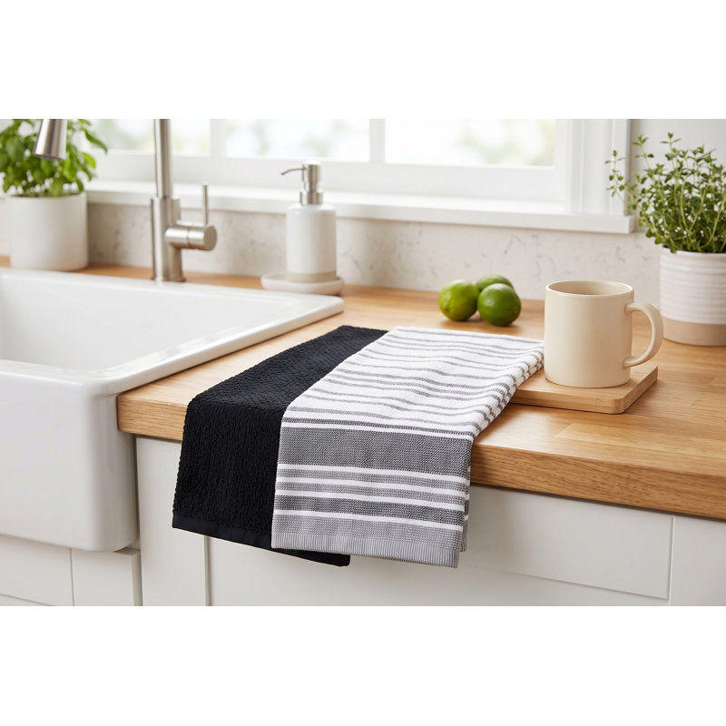 Ensemble de 2 torchons de cuisine S&CO, taupe et rayures, 100 % coton, ultra absorbants, en éponge et tissage popcorn, 40 x 60 cm.
