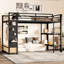 Structure de lit double pleine grandeur avec garde-robe, lit mezzanine en métal avec tablettes de rangement et panneau perforé-564367947