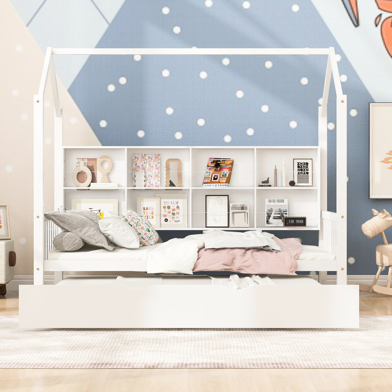 Lit simple en blanc avec lit gigogne et tablette en pin, Lit simple