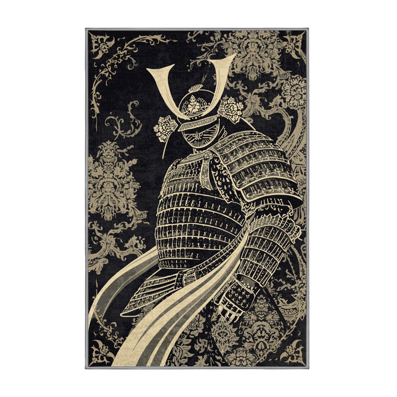 Soft Plush Backman Samurai In Armor Classic Damask Area Rug in Gray – Gray Binding, 3x5