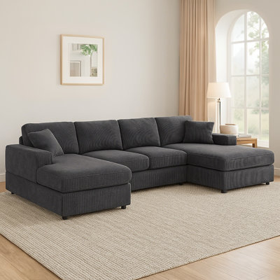 Canapé modulaire surdimensionné en forme de U 120 po en velours côtelé modulaire avec méridienne double, canapé en chenille moderne à 4 places et 2 coussins