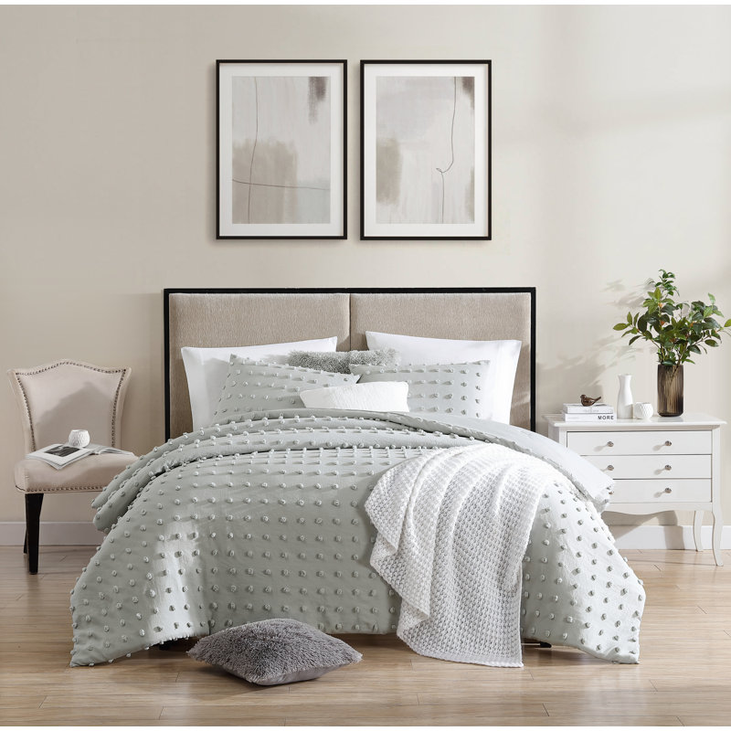 Swift Home Pom Pom 3-Piece Jacquard Microfiber Comforter Set - Ultra-Soft & Playful - All-Seasonal, Durable, Easy Care, Gray