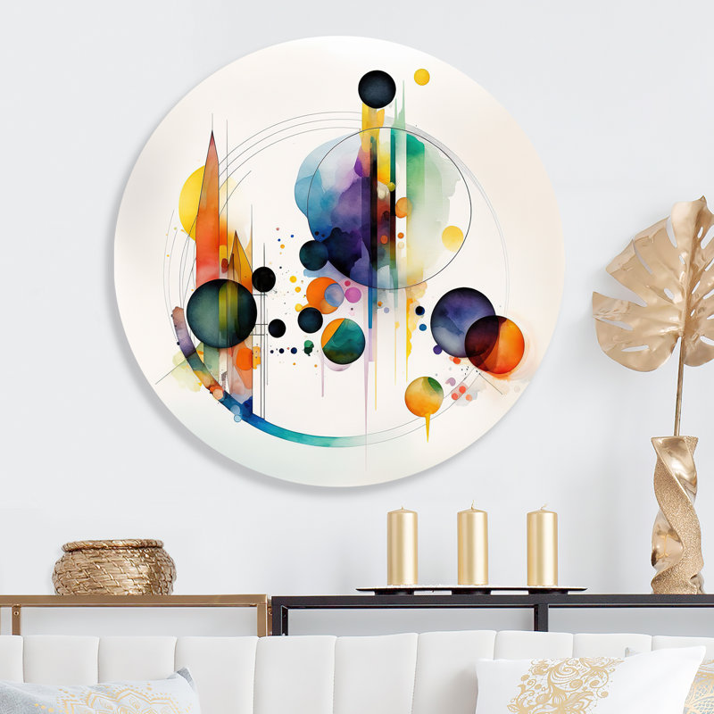 Art géométrique aquarelle multicolore I - art mural rond abstrait géométrique sur métal, L 29 po x H 29 po