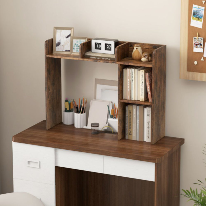 Millwood Pines Desk Bookshelf Desktop Storage Organizer Display Shelf Rack Dorm Office Brown, Brown