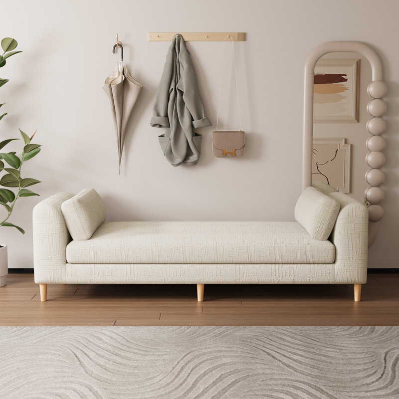 83" W Modern End Of Bed Bench, Upholstered Chaise Lounge Couch With Armrests And Pillows, Beige