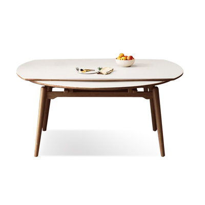 White + Nut-brown Rectangular Sintered Stone + Solid Wood Dining Table