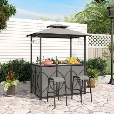 3 PCS Patio Bar Set with Tempered Glass Bar Table Metal Storage Shelves by Arlmont & Co.