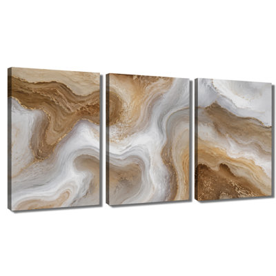 3‑panel wall art beige gold marble agate wrapped canvas print