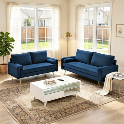 2-Piece Matching Velvet Sofa Set with Nailhead Trim and Gold Metal Legs, Modern Upholstered Sofa and Loveseat Combo for Living Room, Dark Blue