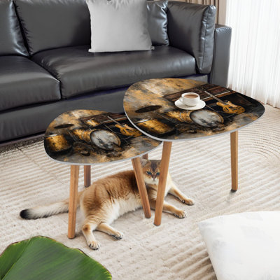 Triangle Nesting Coffee Table Set of 2 Music Guitar Piano Drum Set Studio Electric Upright Drums End Table Modern Minimalist Side Table Set for Living Room Bedroom