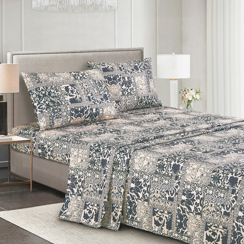10-Piece White & Black Damask Comforter Set With Sheets & Decorative Pillows，Queen, Queen Comforter + 9 Additional Pieces