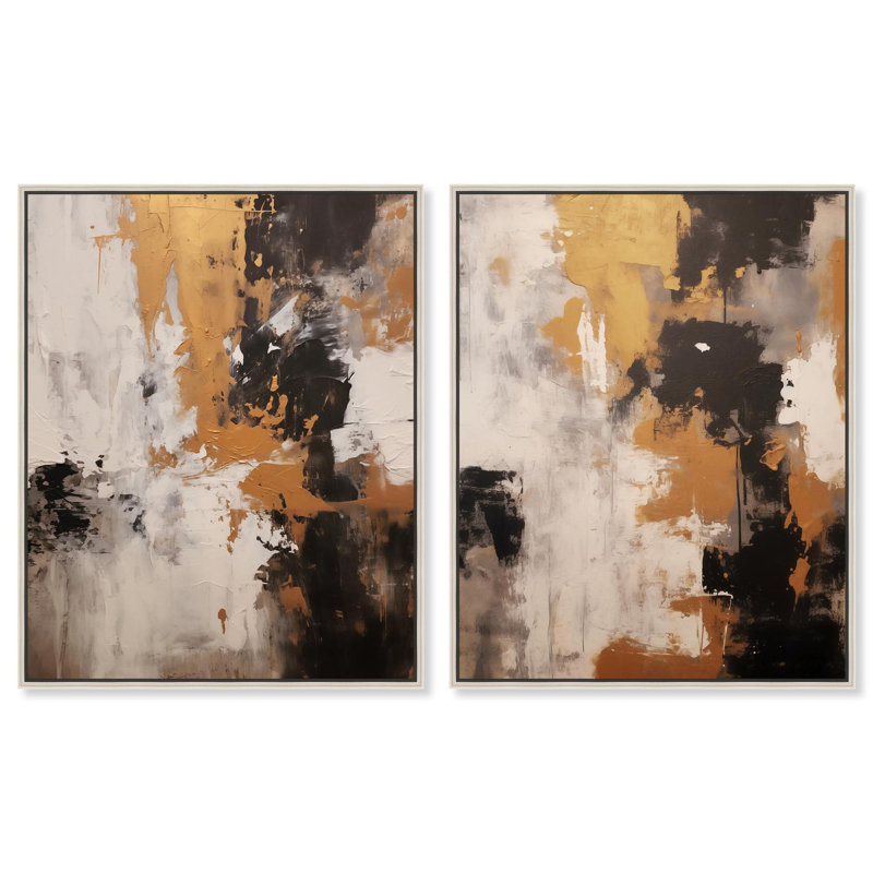 «Beige Desert», ensemble de 2 élégantes œuvres d'art moderne sur toile , H 20 po x l 16 po, Encadrement argenté