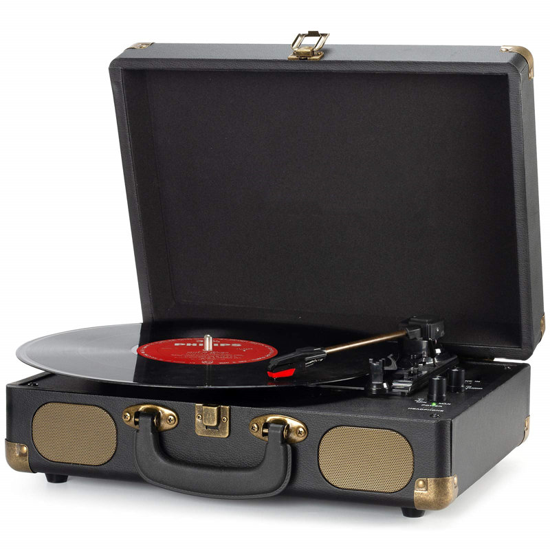 Vintage Black Portable Suitcase Record Player with Built-In Speakers