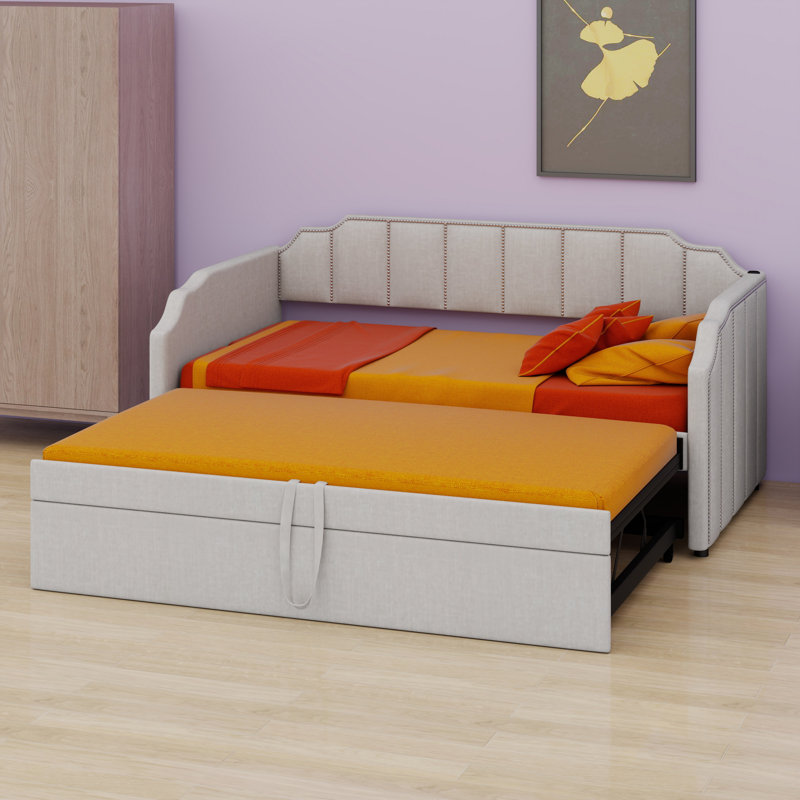 Upholstered Daybed with Pop-Up Trundle, Beige