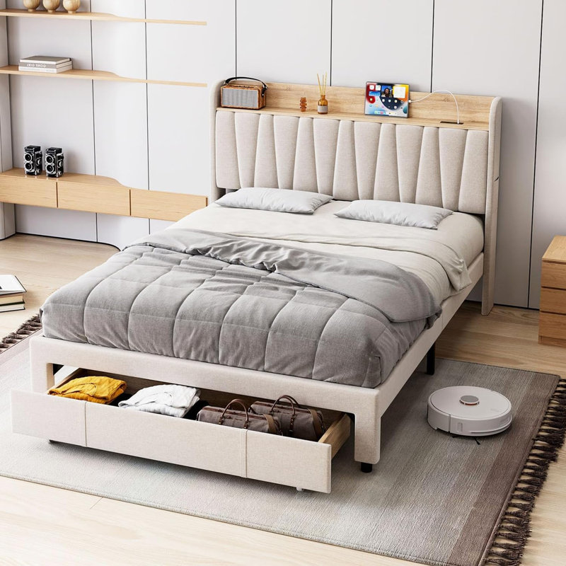 Base de lit grand format avec tête de lit avec rangement, lits plateforme tapissiers avec tiroirs, station de charge, silencieux, assemblage facile, aucun sommier tapissier requis, beige