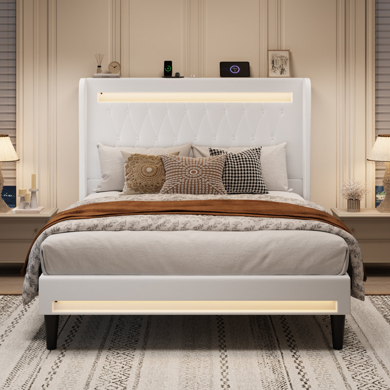 Modern Diamond-Tufted Upholstered Bed Frame With RGB LED Lights, USB Charging Ports & Wingback Headboard, White, Queen