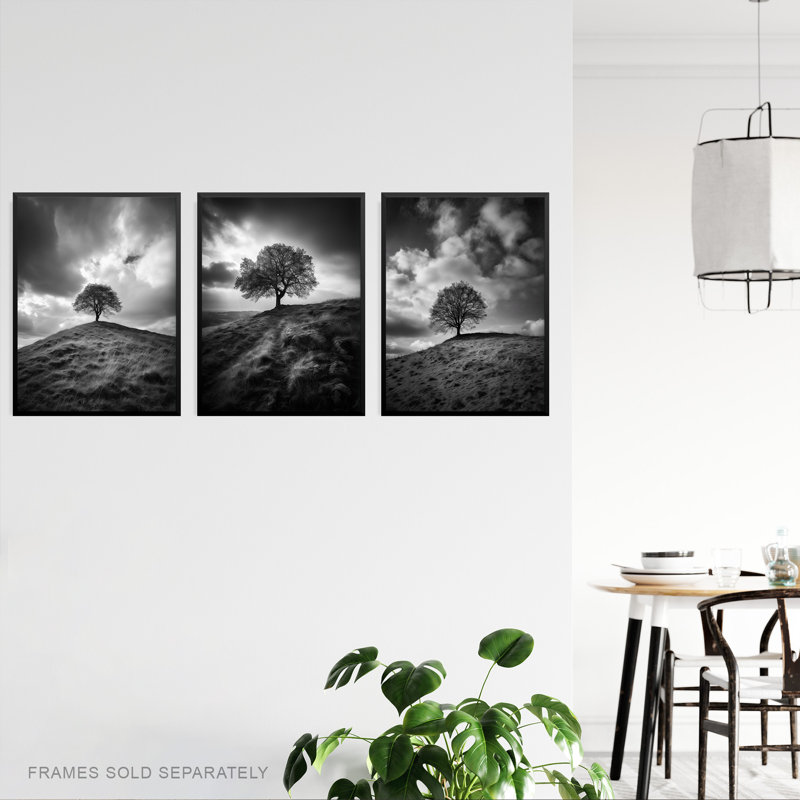 Lone Tree On A Hill Black White Countryside Field Landscape - 3 Piece No Frame Print Set, 29.7cm H x 21cm W x 0.4cm D