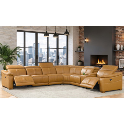 Canapé d'angle modulaire 6 places avec appuie-tête réglables, console de rangement et porte-gobelets, revêtement en similicuir couleur gingembre, inclinaison électrique gauche et droite, profondeur 124,01 cm, largeur 111,01 cm, hauteur 31,88 cm