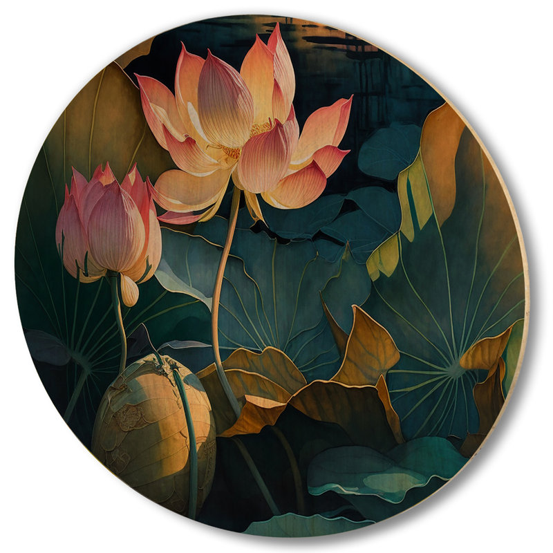 Fleur de lotus rétro dans l'étang II - Art mural en bois floral de lotus - Bois de pin naturel, H 36 po x l 36 po x P 1 po