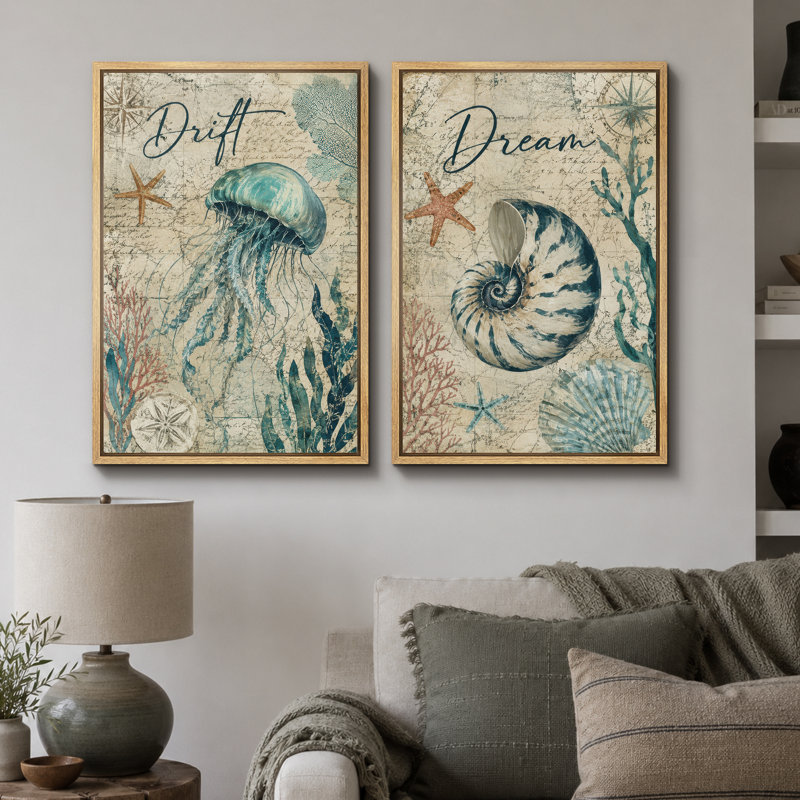 «Coastal Jellyfish and Seashell», art de la salle de bain, impression sur toile encadrée, 2 pièces, 36" H x 48" W x 1.5" D