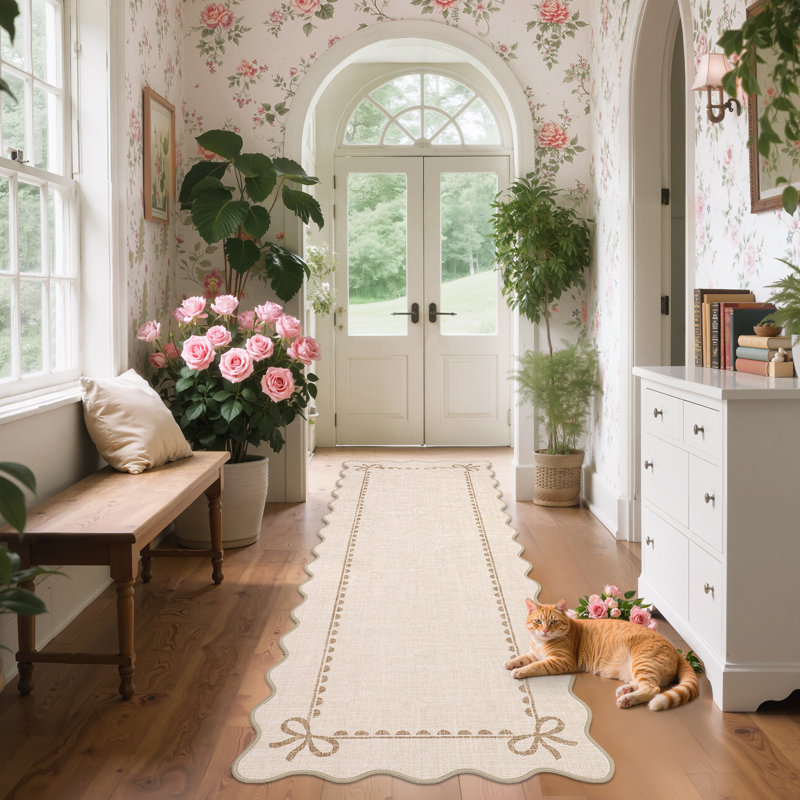 2x6 Scalloped Beige Runner Rugs for Hallway Kitchen Non Slip Washable Area Rug, Soft Low Pile Stain Resistant Non-Shedding Bow Rug Runners for Bedroom Bathroom Entryway