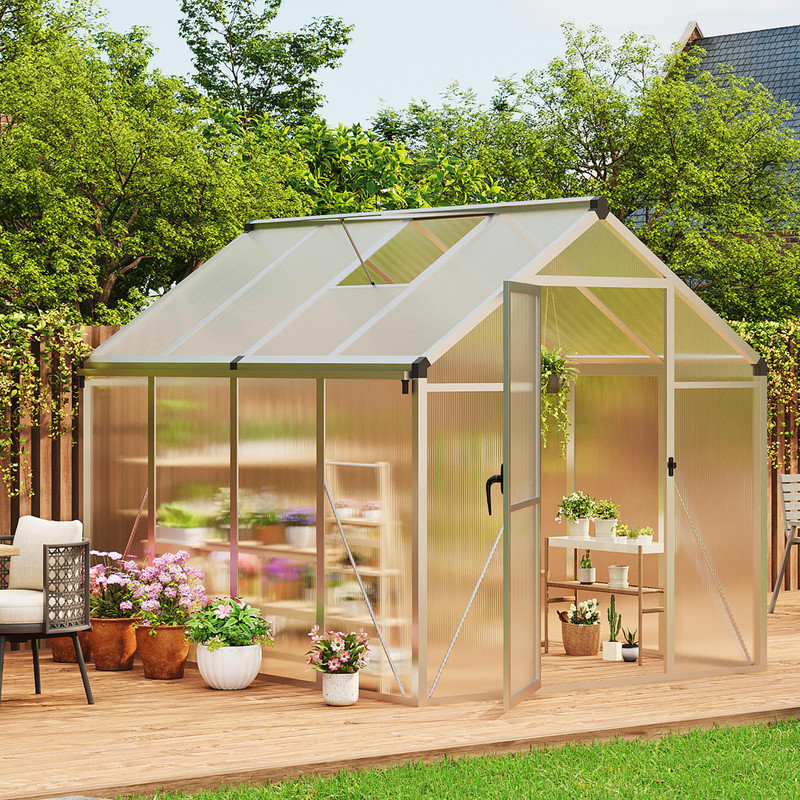 Serre 6 x 8 pi - Panneaux en polycarbonate, cadre en aluminium, porte verrouillable et évent de toit réglable pour la cour, le patio et le jardin