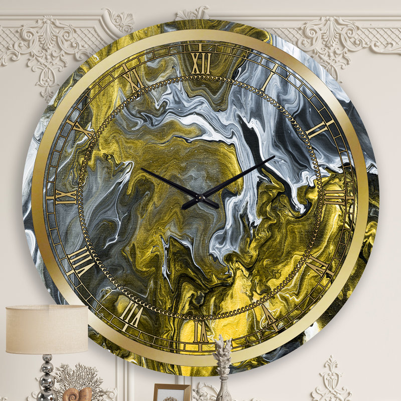 Horloge murale moderne blanche, grise et blanche peinte à la main en marbre II, Jaune, Grand