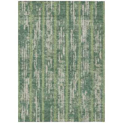 5' X 8' Green And Ivory Striped Washable Indoor Outdoor Area Rug