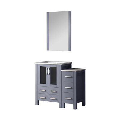 Meuble-lavabo gris foncé l 36 po x P 18,25 po, avec armoire latérale, plateau en céramique blanche et miroir de 22 po
