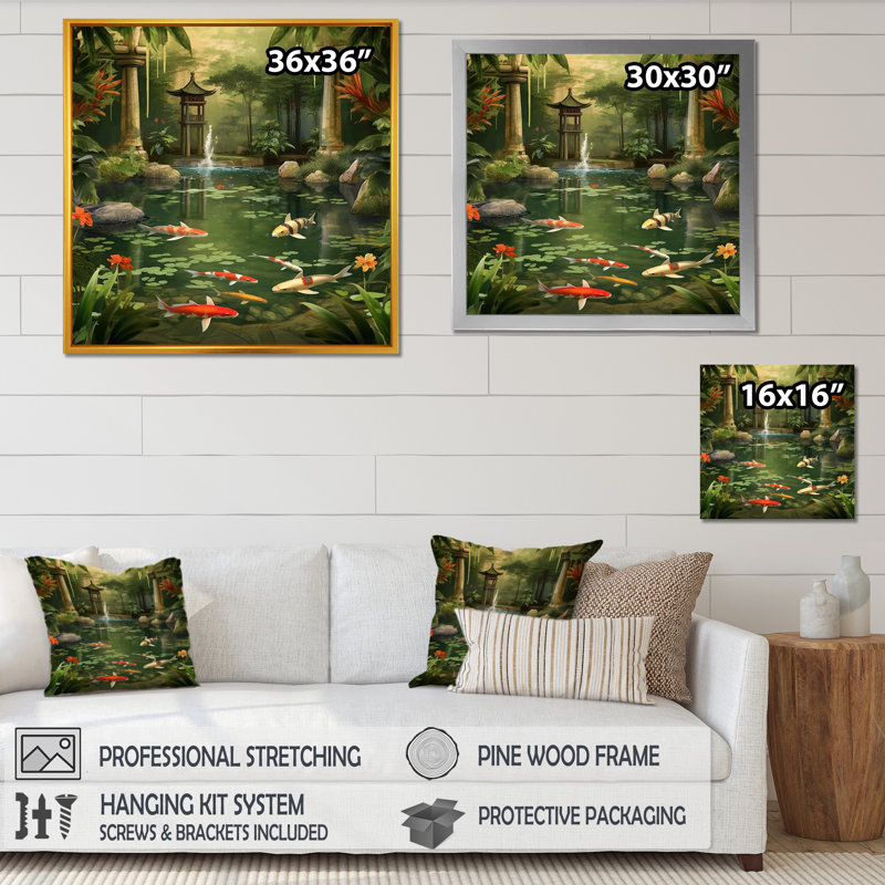 Bamboo and Koi Pond Showcase I - Art mural en bambou, H 24 po x l 24 po x P 1 po, Toile tendue