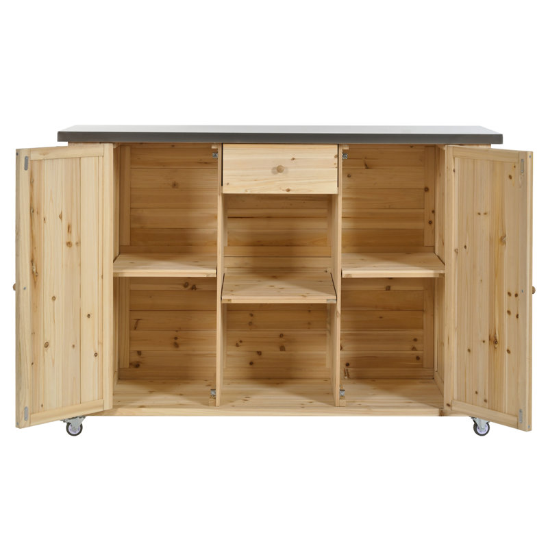 Outdoor Kitchen Island Fir Wood Kitchen Island With Stainless Steel Top, Natural Wood